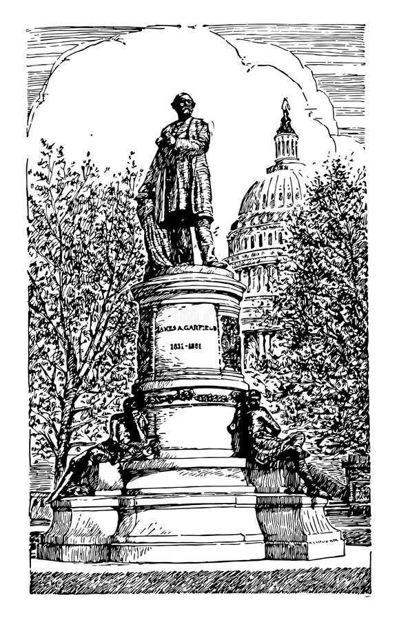 James A. Garfield Memorial built in memory of 20th president of United states vintage line drawing. James A. Garfield Memorial built in memory of 20th president of United states vintage line drawing