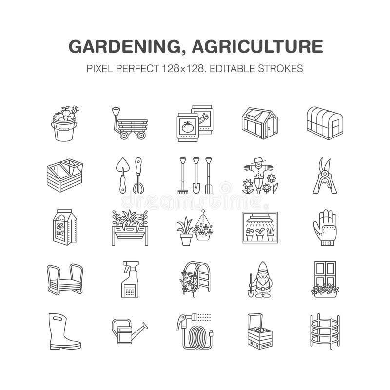 Tuinieren, die de pictogrammen van de tuinbouwlijn planten Tuinmateriaal, organische zaden, meststof, serre, pruners, het water g stock illustratie Tuinieren, die de pictogrammen van de tuinbouwlijn planten Tuinmateriaal, organische zaden, meststof, serre, pruners, het water g stock illustratie