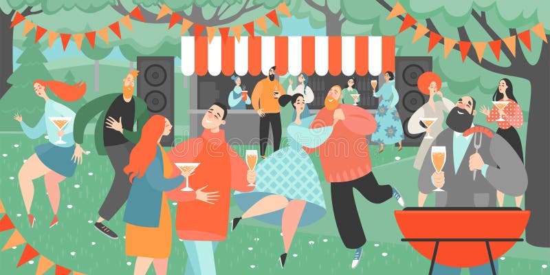 Tuinpartij met mensen die en wijn drinken dansen Beeldverhaalkarakters die pret hebben bij een barbecuepartij vector illustratie Tuinpartij met mensen die en wijn drinken dansen Beeldverhaalkarakters die pret hebben bij een barbecuepartij vector illustratie