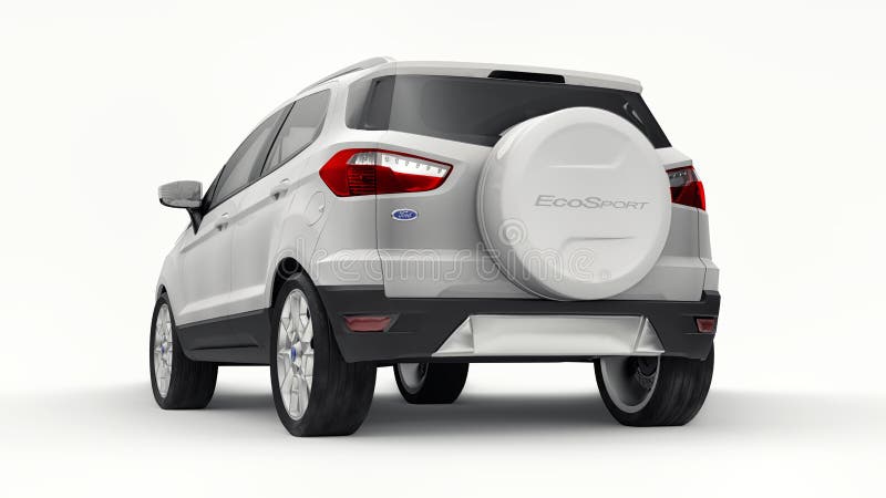 Tula. 11. Juni 2021 : ford ecosport 2016 weiß kompakt stadt suv isoliert auf weißem hintergrund 3d rendering. stock abbildung