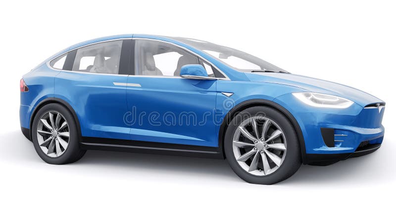 Tula Russia. Januar 06 2022 : tesla model x full size city suv. Blaues Auto isoliert auf weißem Hintergrund 3d Rendering. lizenzfreie abbildung