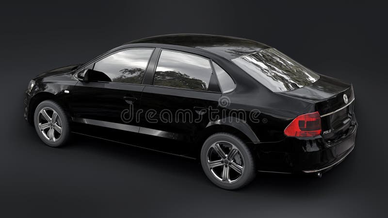  Tula, Rusia.  Julio, Volkswagen Polo Sedan Black Compact City Car aislado sobre fondo negro.  Representación 3D.  Foto editorial de stock