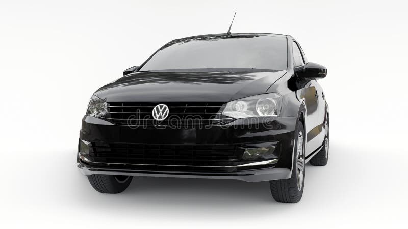  Tula, Rusia.  Julio, Volkswagen Polo Sedan Black Compact City Car aislado sobre fondo blanco.  Representación 3D.  Foto editorial de stock