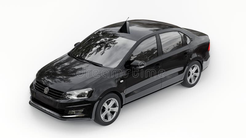  Tula, Rusia.  Julio, Volkswagen Polo Sedan Black Compact City Car aislado sobre fondo blanco.  Representación 3D.  Foto editorial
