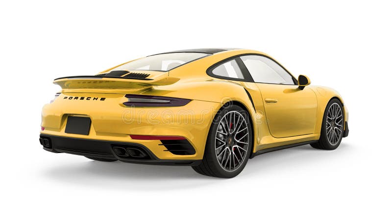 Tula russia. 15 mars 2021 : Porsche 911 turbo s 2016 gul sportbilskupe isolerad på vit bakgrund 3d vektor illustrationer