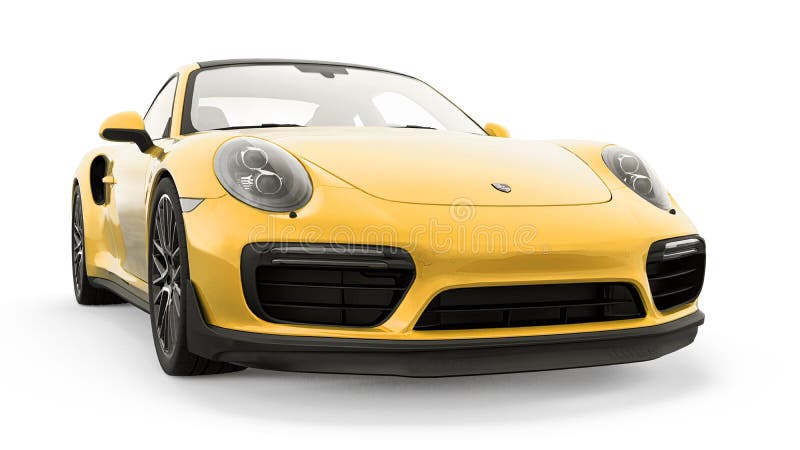 Tula russia. 15 mars 2021 : Porsche 911 turbo s 2016 gul sportbilskupe isolerad på vit bakgrund 3d vektor illustrationer