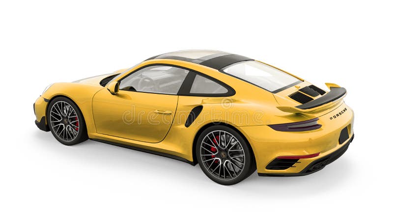 Tula russia. 15 mars 2021 : Porsche 911 turbo s 2016 gul sportbilskupe isolerad på vit bakgrund 3d royaltyfri illustrationer