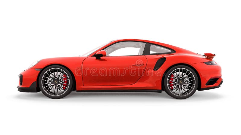 Tula russia. 16 mars 2021 : Porsche 911 turbo s 2016 röd sportbilskupe isolerad på vit bakgrund 3d-rendering. stock illustrationer