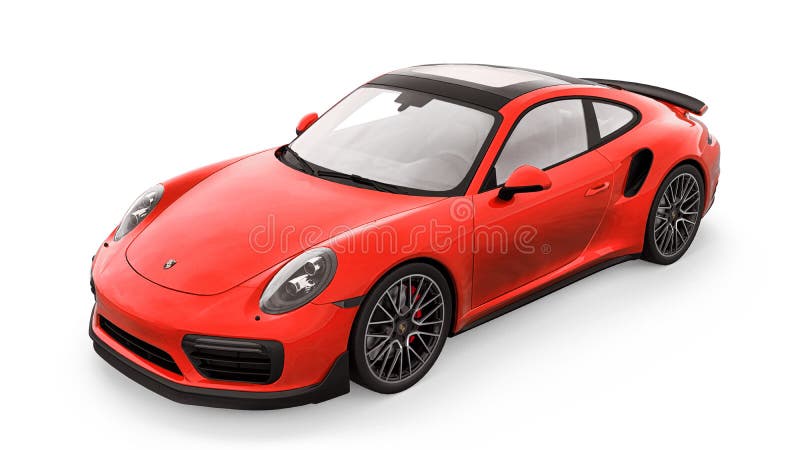 Tula russia. 16 mars 2021 : Porsche 911 turbo s 2016 röd sportbilskupe isolerad på vit bakgrund 3d-rendering. stock illustrationer