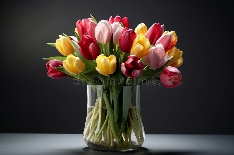 Tulip Bouquet in Glass Vase. Generate Ai Stock Illustration