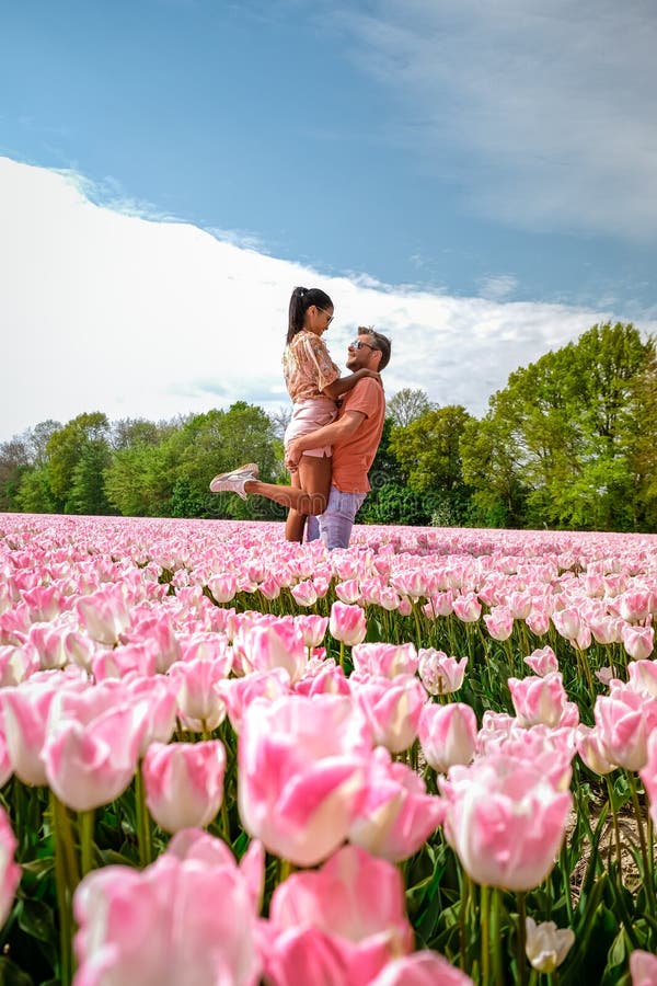 Tulip Fields In The Netherlands Couple Men And Woman In Flower Field 