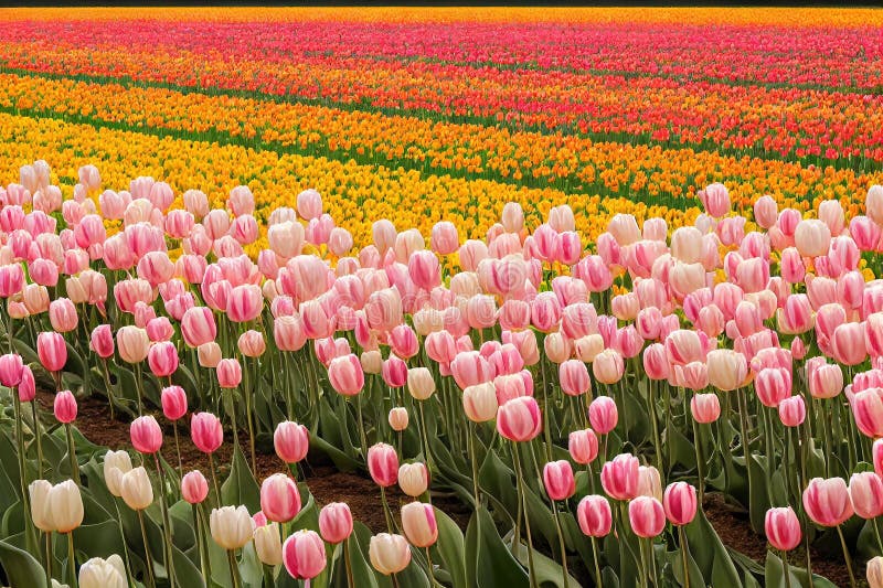 Tulip Flower Growing in Even Rows on Endless Field. Stock Illustration