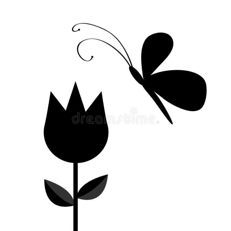 Tulip flower with leaf and flying butterfly insect black silhouette shape form. Simple sticker template. Floral plant decoration e