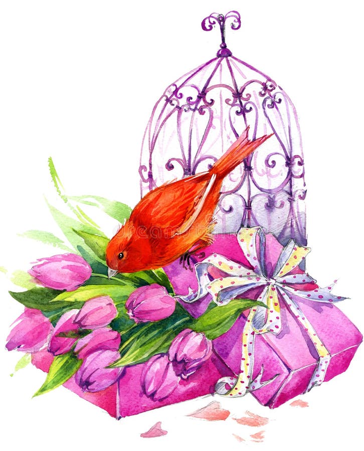 Tulip Flowers, kanarievogel en decoratieve birdcage watercolor
