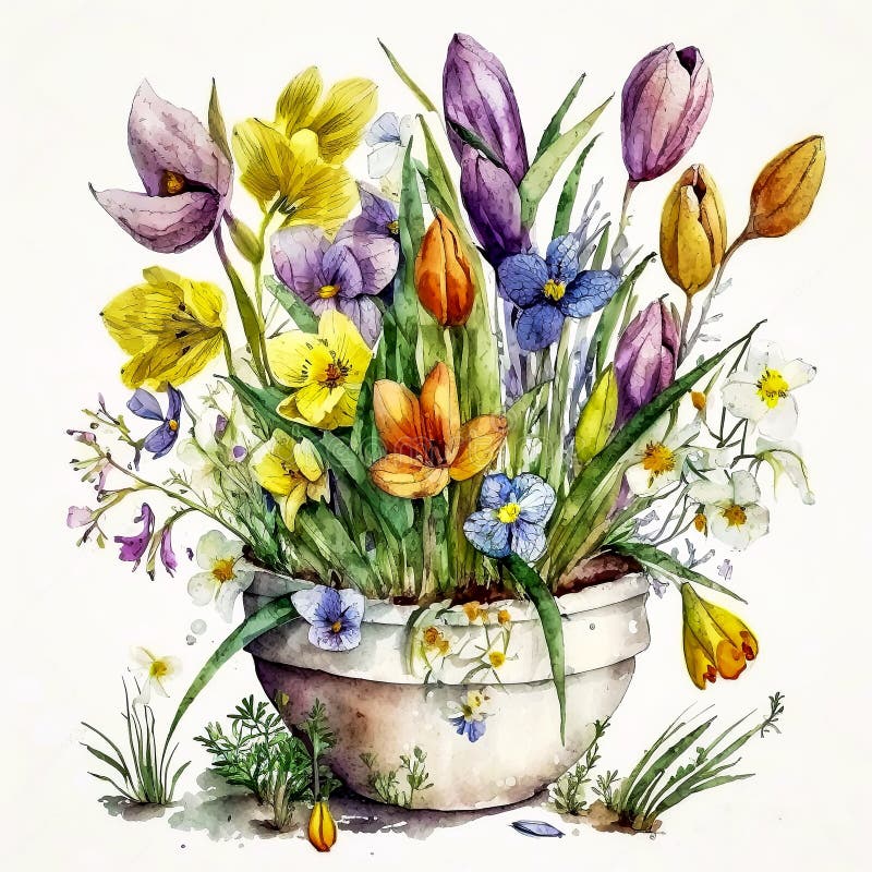 Tulip Triumph: A Rusty Pot Overflowing with Colorful Blooms AI Generated