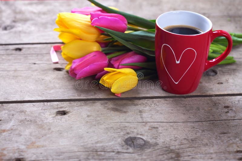 Tulipanes coloridos y taza de café roja imágenes de archivo libres de regalías Tulipanes coloridos y taza de café roja imágenes de archivo libres de regalías