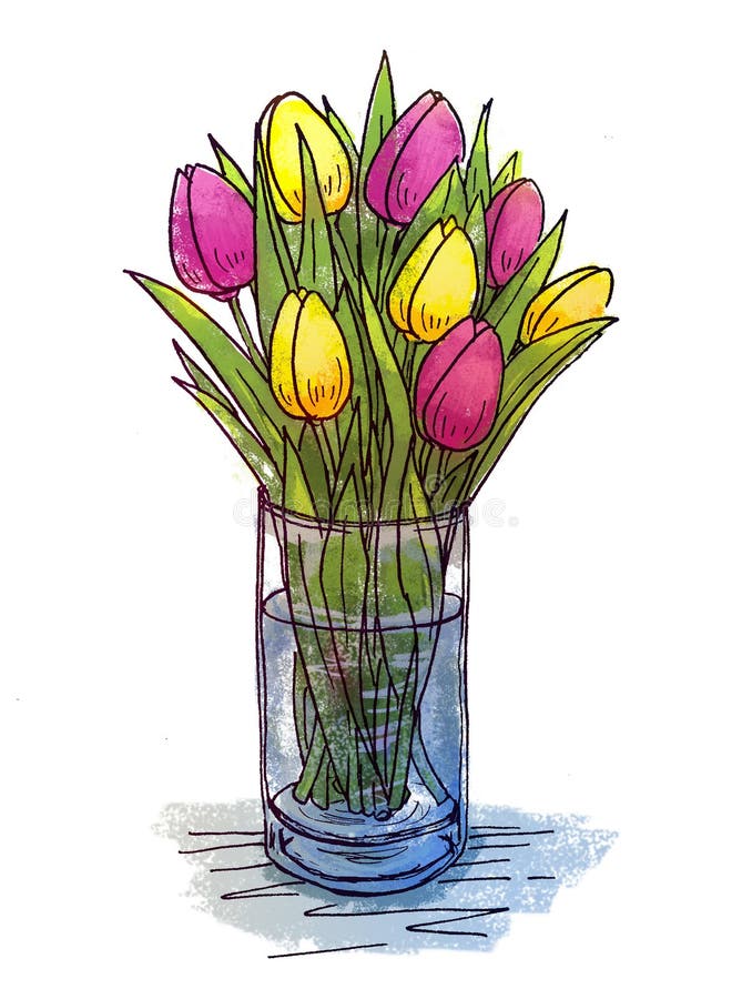 Tulipanes Del Dibujo De La Mano En Un Florero De Cristal Stock de  ilustración - Ilustración de resorte, amarillo: 90099073