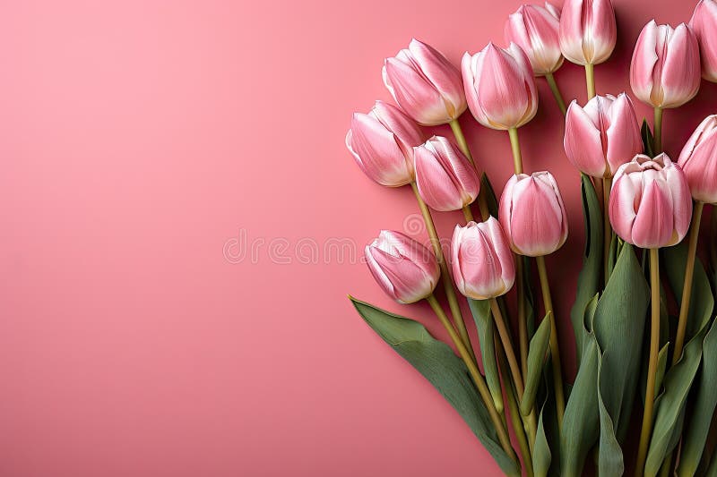 Tulipanes sobre el fondo rosado de la tarjeta de espacio para la madre día 8 marcha feliz Pascua. esperando la primavera stock de ilustración