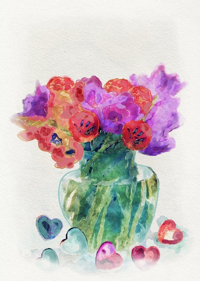 Flores Y Corazones De La Pintura Del Pastel Y De La Acuarela Stock de
