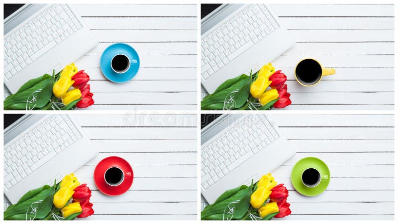 Tulipani, tazza di caffè e taccuino fotografia stock