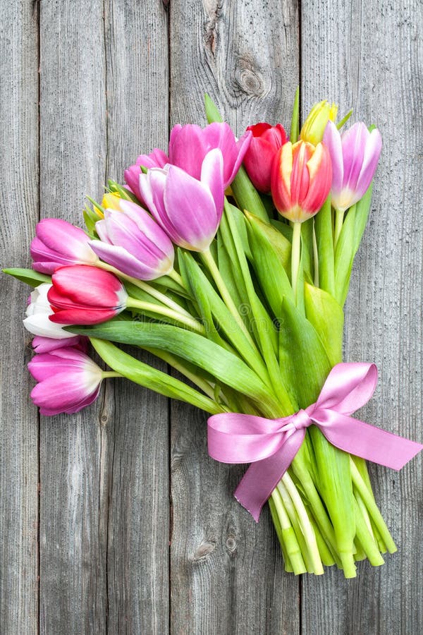 Tulipes de ressort sur le vieux fond en bois images stock