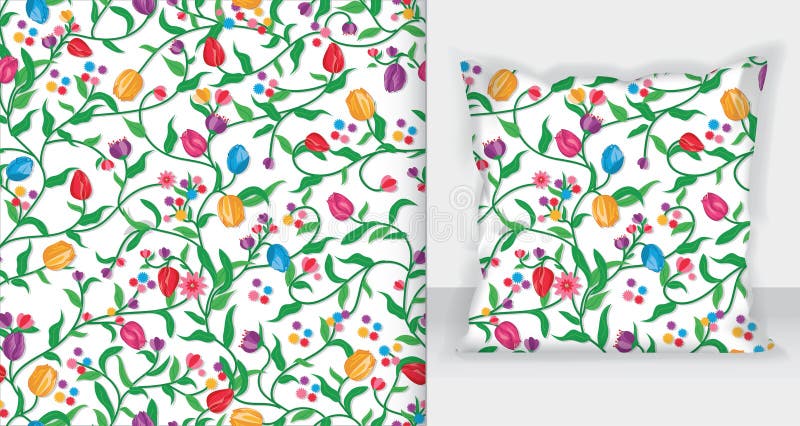 Tulips colorful flowers pattern with Square pillow mockup stock illustration