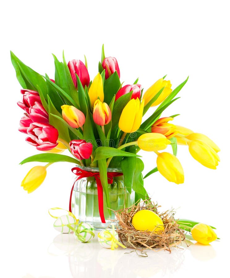Tulips flowers with easter egg stock photos
