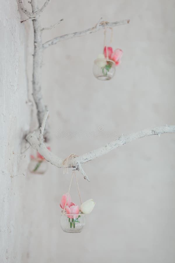 Tulips in Vases Hang on a Decorative Branch on a Wall with White Bricks