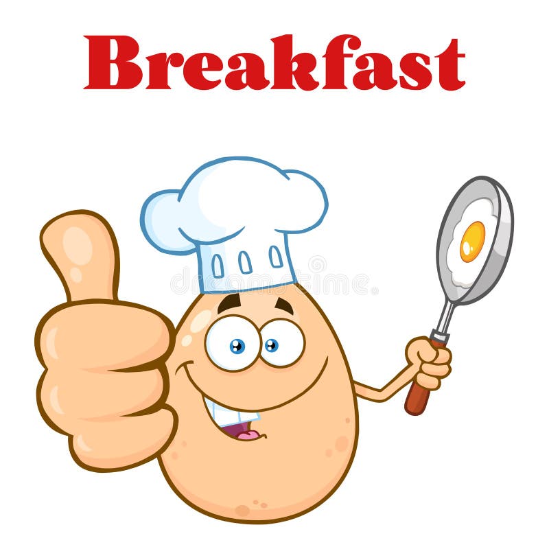 Tummar för visning för det kockEgg Cartoon Mascot teckenet Up och rymma en steka Pan With Food stock illustrationer Tummar för visning för det kockEgg Cartoon Mascot teckenet Up och rymma en steka Pan With Food stock illustrationer