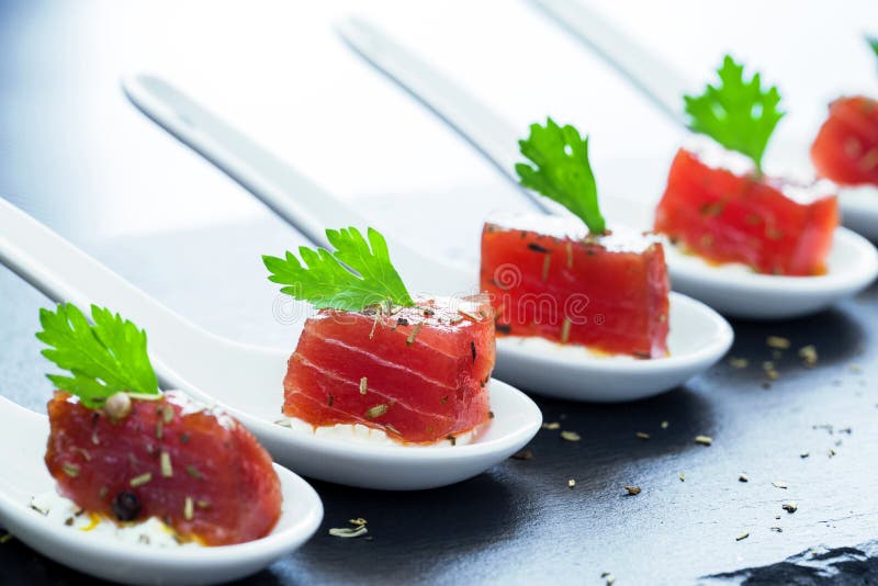 Tuna Appetizers on Ceramic Spoons. Stock Image Image of buffet