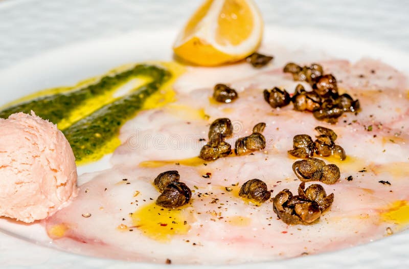Tuna Fish Carpaccio with Capers and Basil Sauce Stock Image Image of