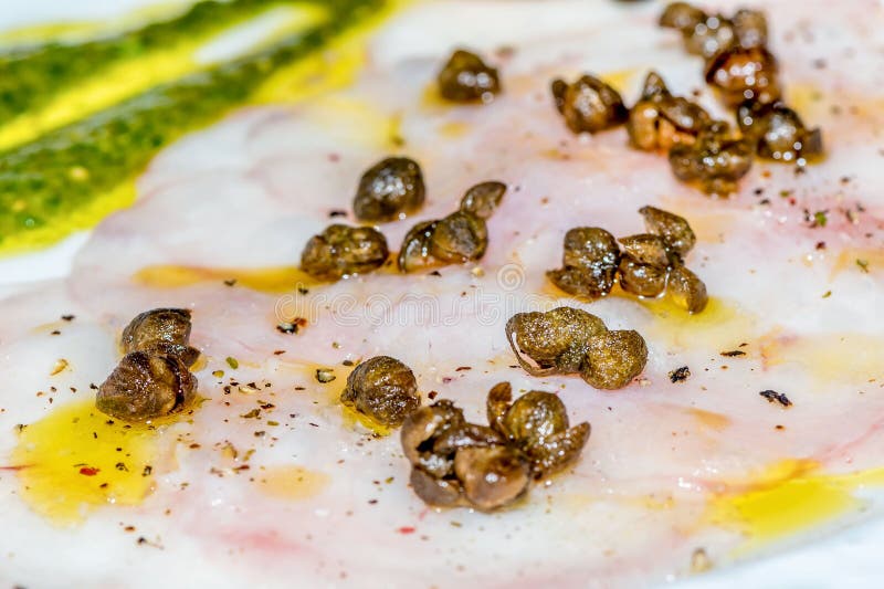 Tuna Fish Carpaccio with Capers and Basil Sauce Stock Image Image of