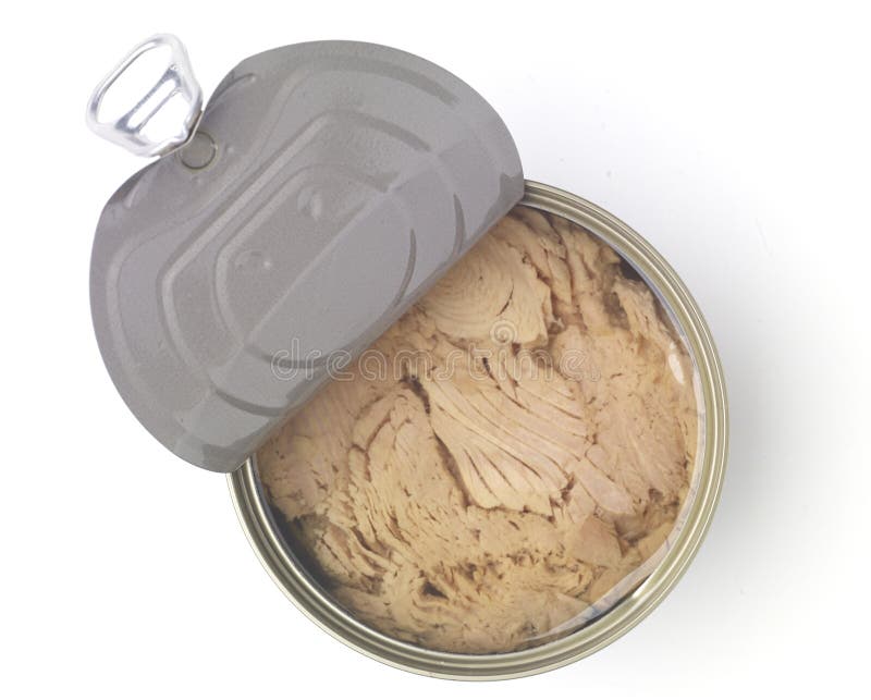 canned tuna isolated on white / Canned soy free albacore white meat tuna packed in water / open tuna tin on a white background / tuna fish isolated on white