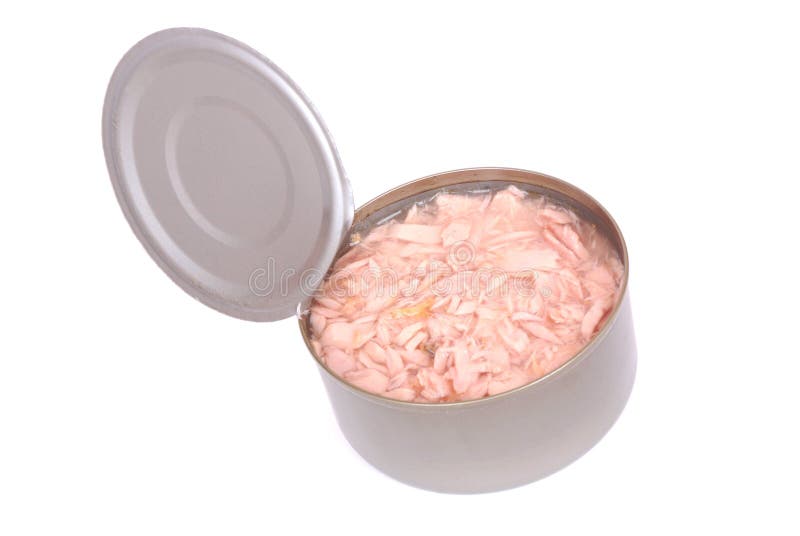 Light meat shredded tuna fish in water in an open silver tin. Image isolated on white studio background. Light meat shredded tuna fish in water in an open silver tin. Image isolated on white studio background.