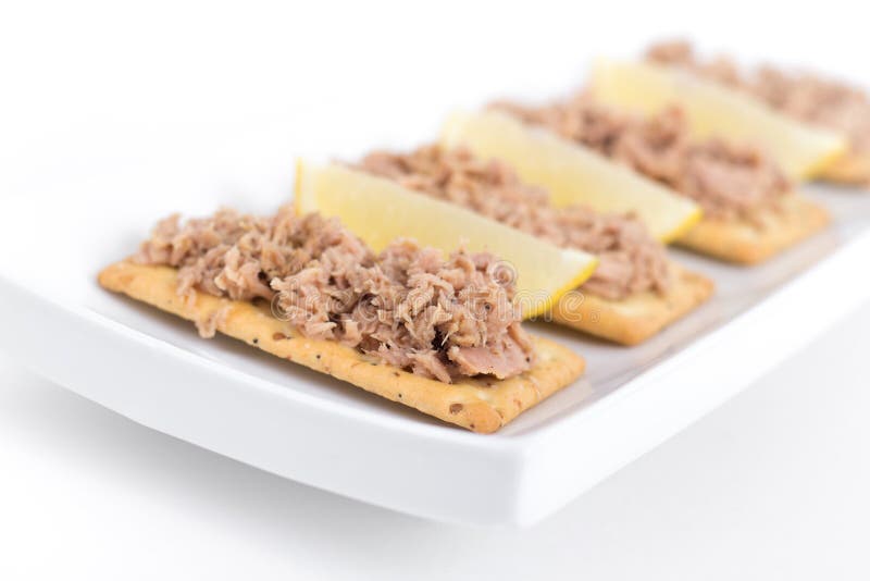 Tuna Meat On Crackers Canape Stock Photo Image of appetizer, plate