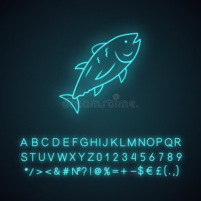 Tuna neon light icon. Swimming marine fish. Underwater inhabitant. Mackerel fishing. Seafood restaurant. Aquatic animal royalty free illustration Tuna neon light icon. Swimming marine fish. Underwater inhabitant. Mackerel fishing. Seafood restaurant. Aquatic animal royalty free illustration