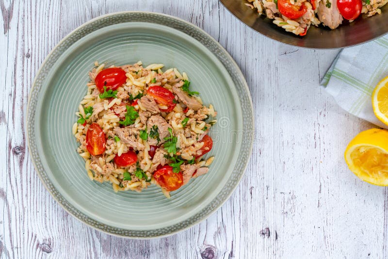 Tuna and orzo stock image. Image of main, overhead, italian 232228881
