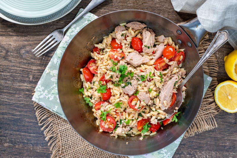Tuna and orzo stock image. Image of main, overhead, italian 232228881