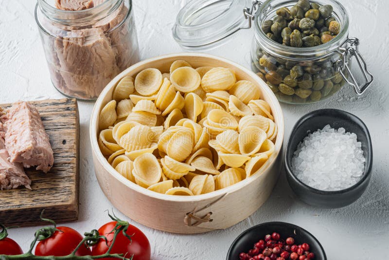 Tuna Pasta Ingredients, on White Background Stock Image Image of