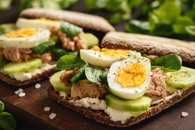 Tuna Salad Sandwiches with Eggs and Cucumbers. Stock Photo Image of