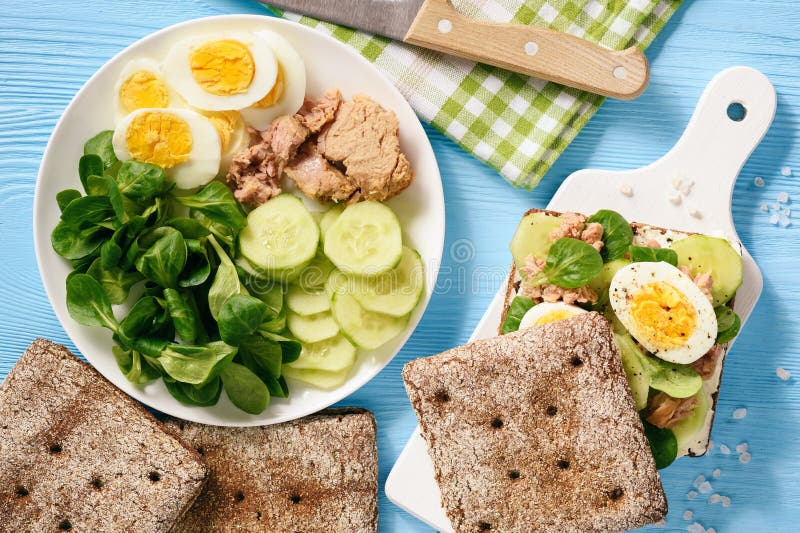 Tuna Salad Sandwiches with Eggs and Cucumbers. Stock Photo Image of