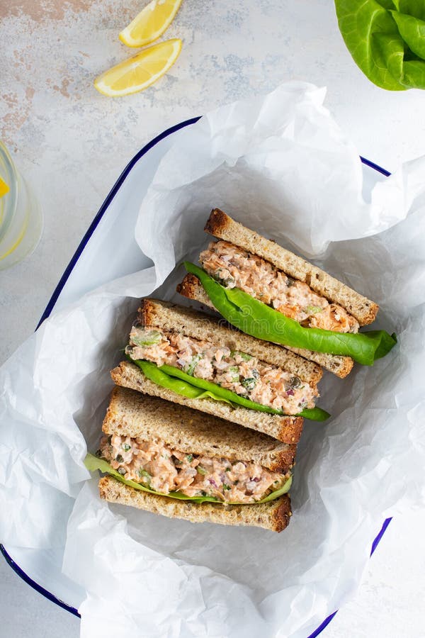 Tuna or Salmon Salad Sandwiches with Celery and Yogurt Stock Photo
