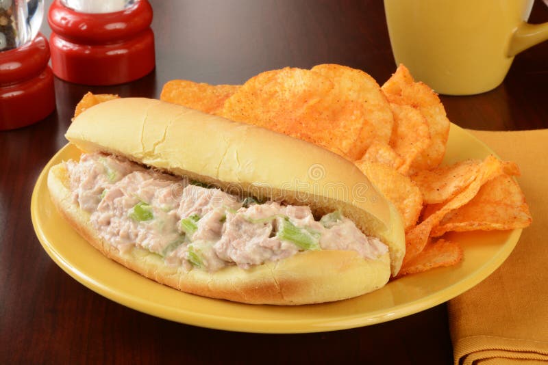 Tuna sandwich with chips stock photo. Image of lunch 48835536