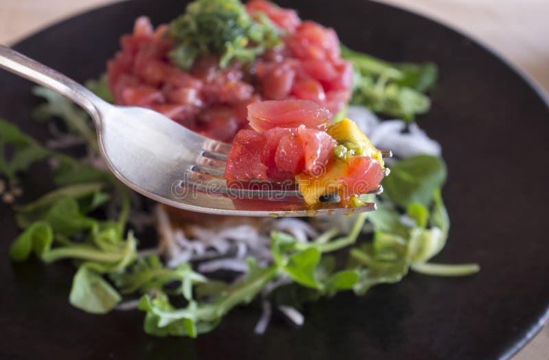 Tuna tartar dish with fork stock photo. Image of fresh 97939262
