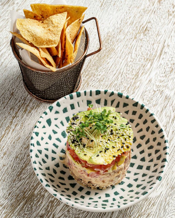 Tuna Tartare with the Pita Chips on the Table Stock Photo Image of