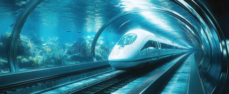 Tunel de tren subacvatic cu gloanțe subacvatice, cu viață marină și recife de corali stock illustration