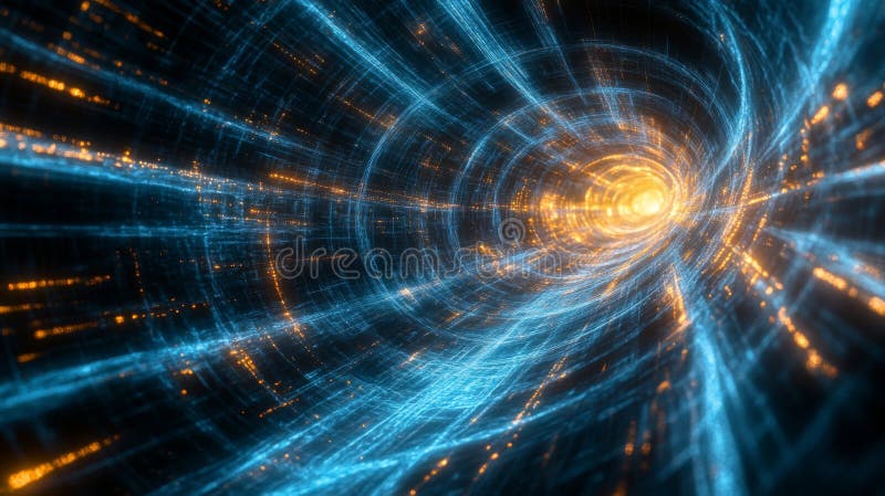 Tunel digital abstract cu linii strălucitoare și particule stock illustration