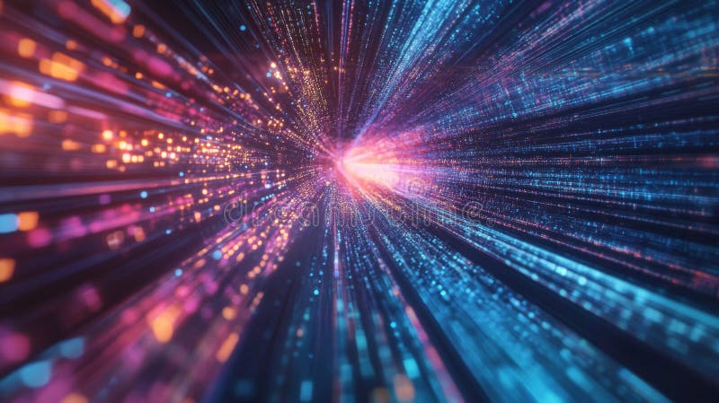 Tunel digital abstract cu linii strălucitoare și particule stock illustration