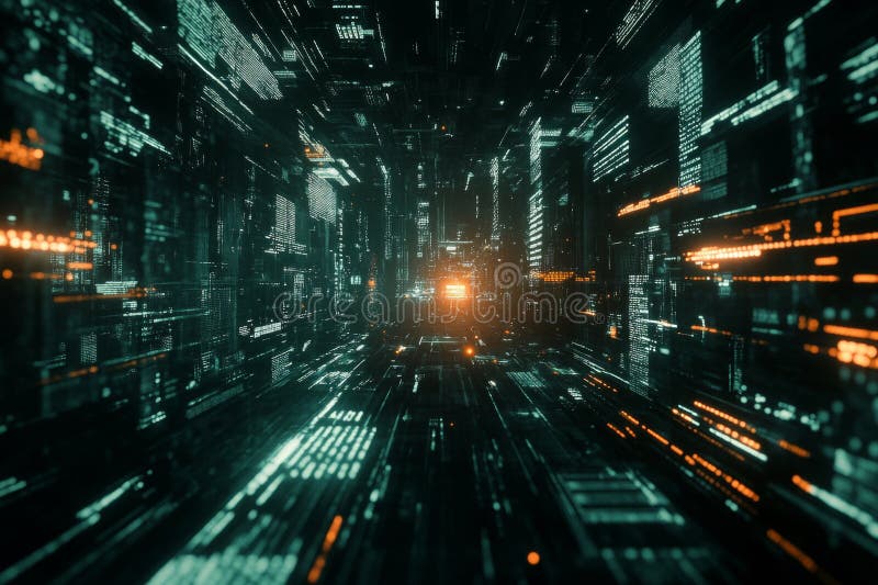 Tunel digital abstract futurist cu lumini strălucitoare și flux de date într-un mediu virtual royalty free illustration