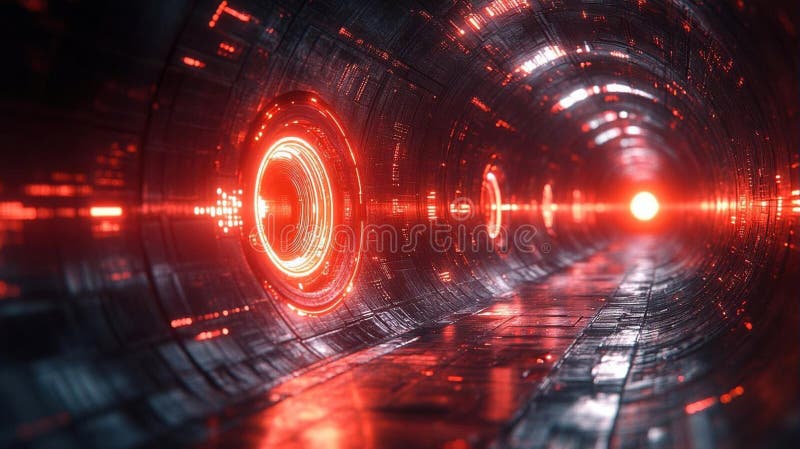 Tunelul roșu futurist cu modele circulare strălucitoare royalty free stock photo